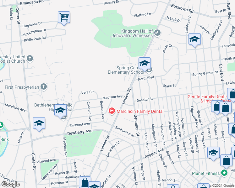 map of restaurants, bars, coffee shops, grocery stores, and more near 2741 Madison Avenue in Bethlehem