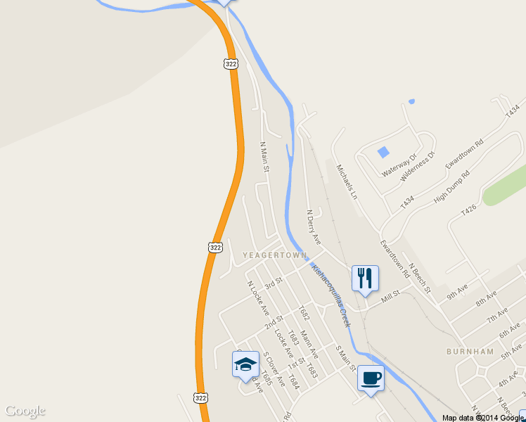 map of restaurants, bars, coffee shops, grocery stores, and more near North Boiling Springs Avenue in Yeagertown