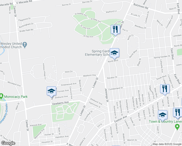 map of restaurants, bars, coffee shops, grocery stores, and more near 2733 Madison Avenue in Bethlehem