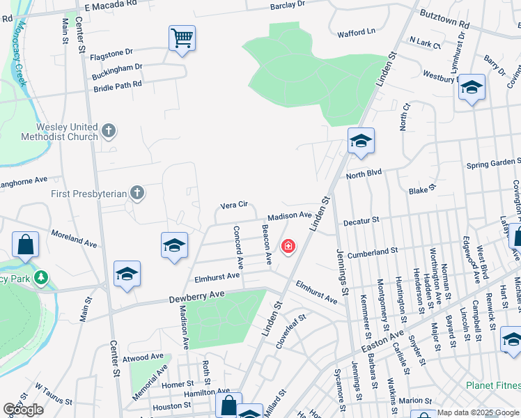 map of restaurants, bars, coffee shops, grocery stores, and more near 581 Vera Circle in Bethlehem