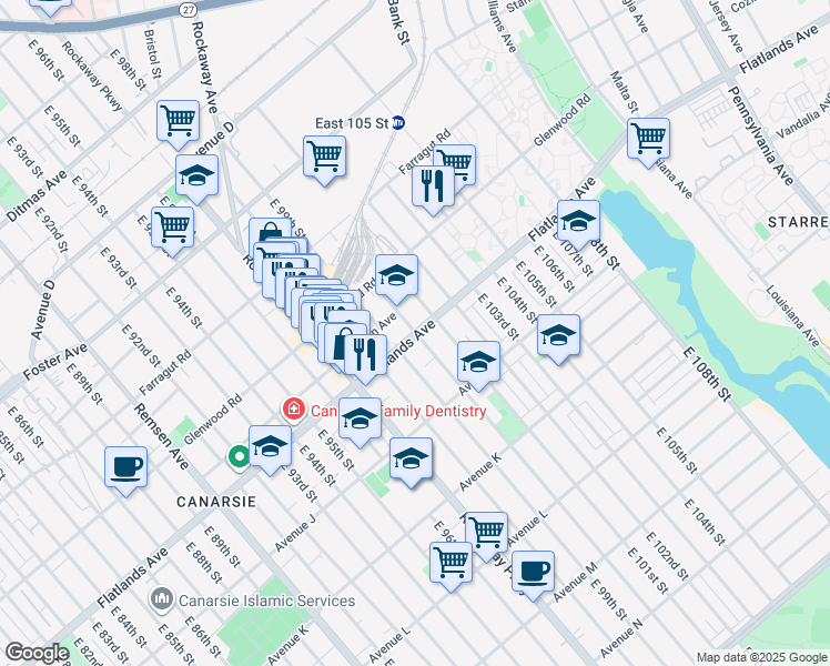map of restaurants, bars, coffee shops, grocery stores, and more near Flatlands Avenue & East 100th Street in Brooklyn