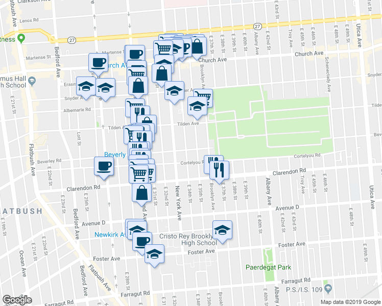 map of restaurants, bars, coffee shops, grocery stores, and more near 3501 Beverley Road in Brooklyn