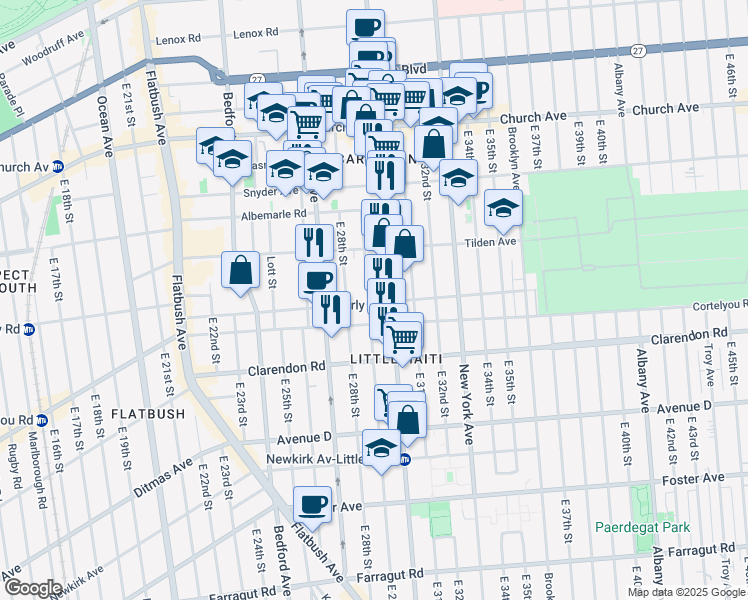 map of restaurants, bars, coffee shops, grocery stores, and more near 159 East 29th Street in Brooklyn