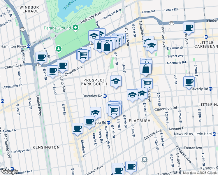 map of restaurants, bars, coffee shops, grocery stores, and more near 222 East 17th Street in Brooklyn