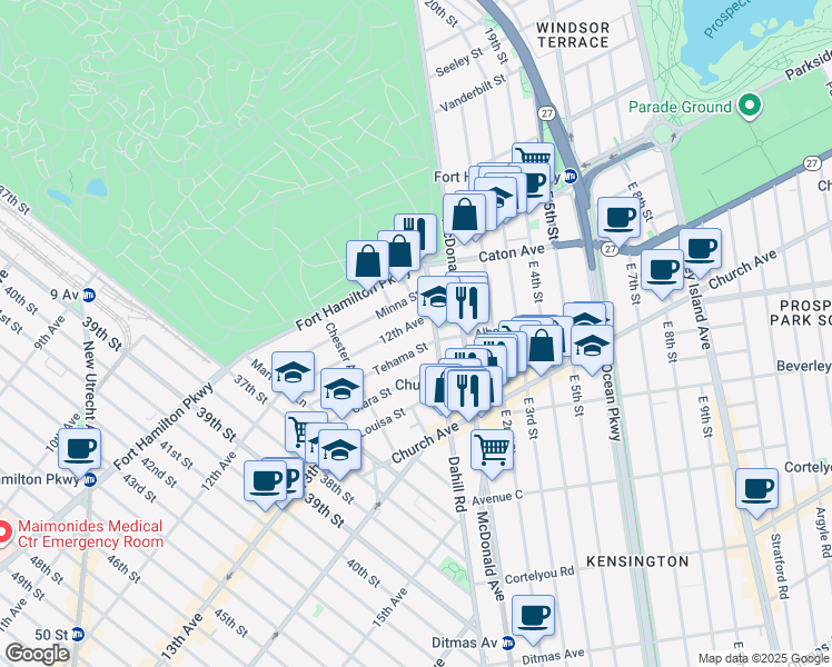 map of restaurants, bars, coffee shops, grocery stores, and more near 1725 12th Avenue in Brooklyn