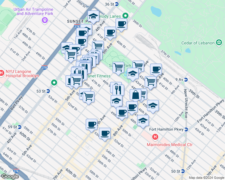 map of restaurants, bars, coffee shops, grocery stores, and more near 614 46th Street in Brooklyn