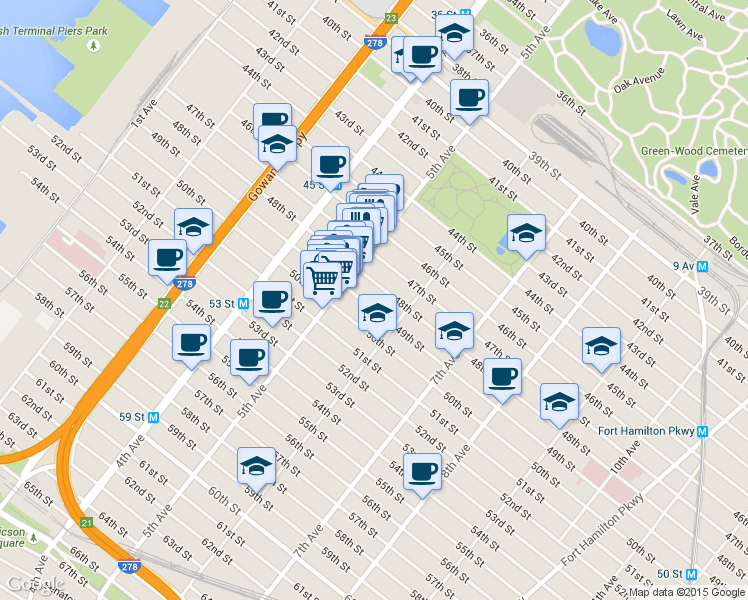 map of restaurants, bars, coffee shops, grocery stores, and more near 534 48th Street in Brooklyn