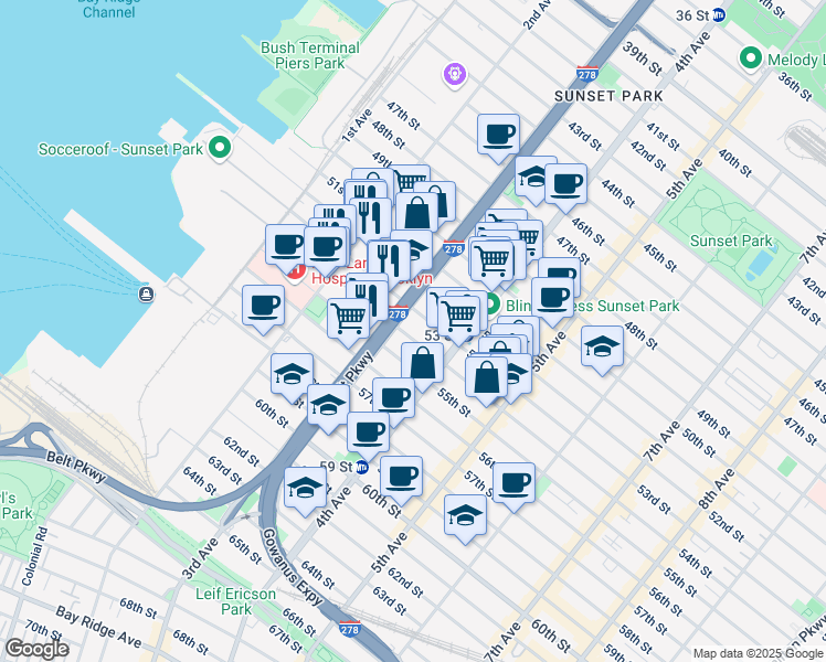 map of restaurants, bars, coffee shops, grocery stores, and more near 324 53rd Street in Brooklyn