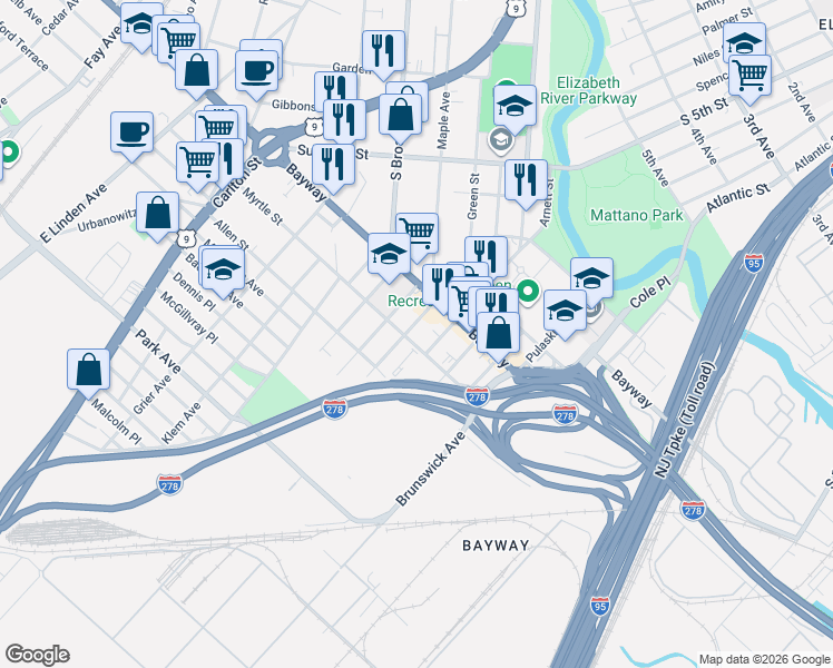 map of restaurants, bars, coffee shops, grocery stores, and more near 727 Thomas Street in Elizabeth