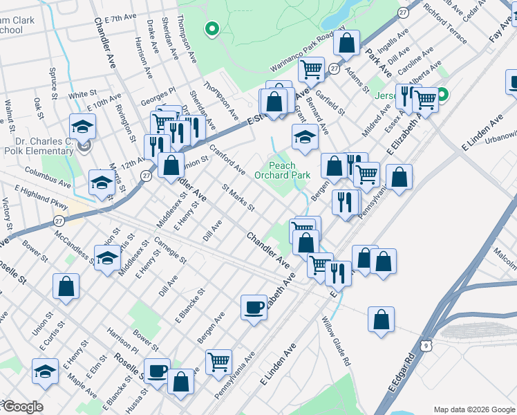 map of restaurants, bars, coffee shops, grocery stores, and more near 509 Cranford Avenue in Linden