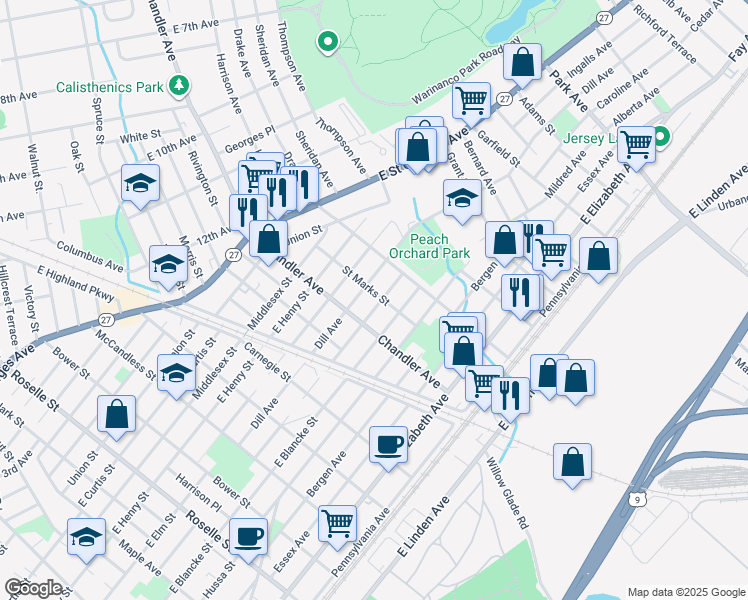 map of restaurants, bars, coffee shops, grocery stores, and more near 1227 Dill Avenue in Linden