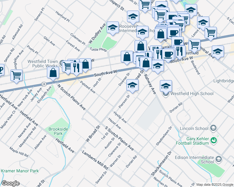 map of restaurants, bars, coffee shops, grocery stores, and more near 534 Downer Street in Westfield