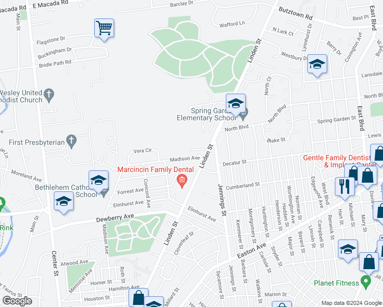 map of restaurants, bars, coffee shops, grocery stores, and more near 2741 Madison Avenue in Bethlehem