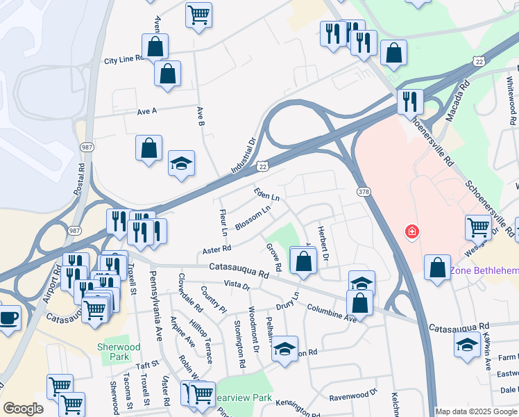 map of restaurants, bars, coffee shops, grocery stores, and more near 2109 Cypress Road in Bethlehem