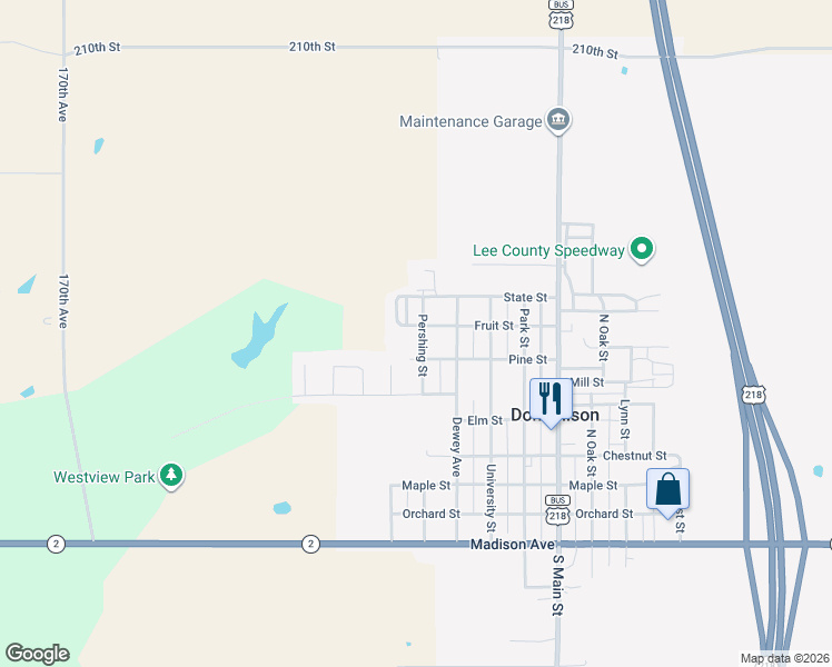 map of restaurants, bars, coffee shops, grocery stores, and more near 913 Fruit Street in Donnellson