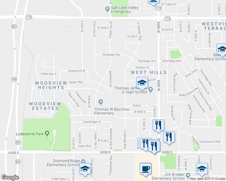 map of restaurants, bars, coffee shops, grocery stores, and more near 5833 Westbench Drive in Kearns