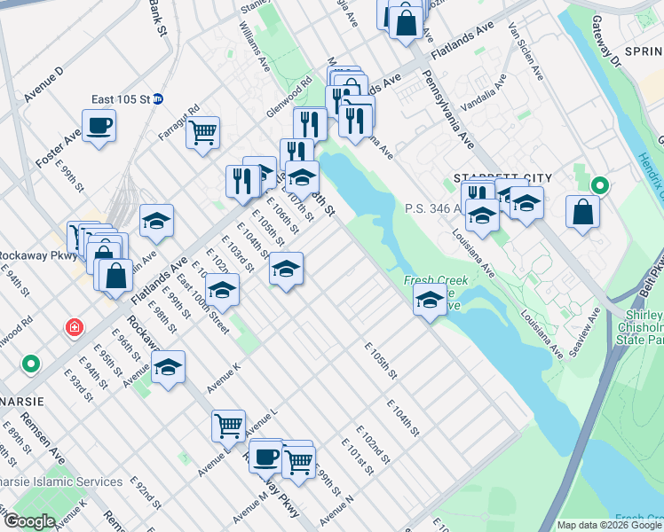 map of restaurants, bars, coffee shops, grocery stores, and more near 10554 Flatlands 2nd Street in Brooklyn