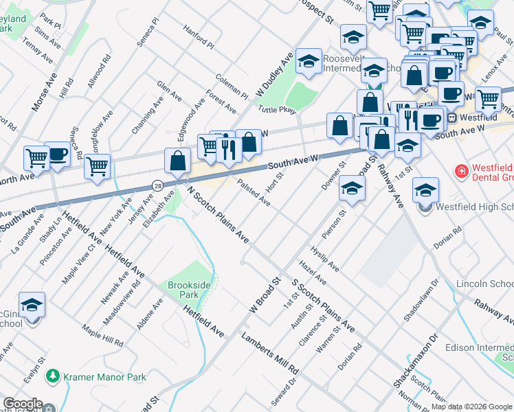 map of restaurants, bars, coffee shops, grocery stores, and more near 301 Palsted Avenue in Westfield