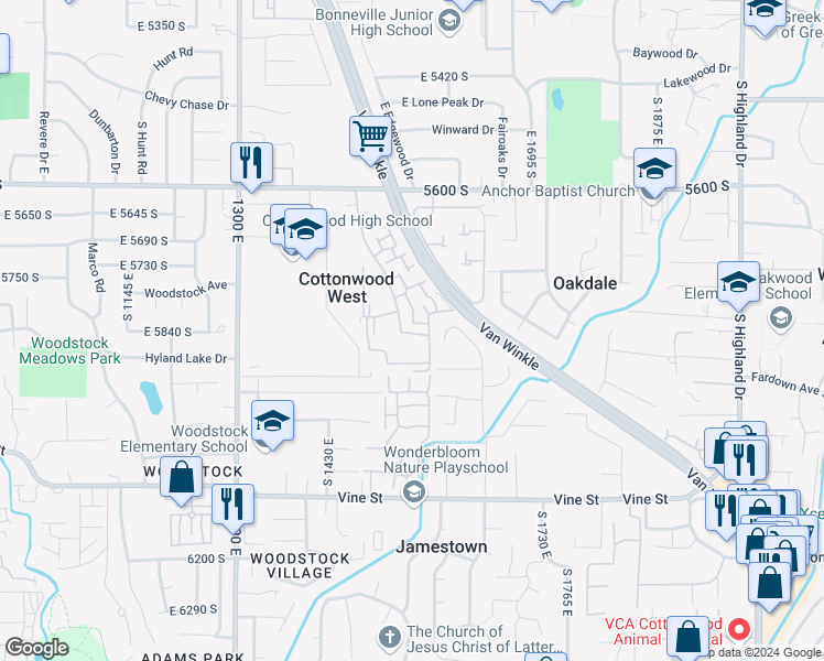 map of restaurants, bars, coffee shops, grocery stores, and more near 5804 Waterbury Way in Murray