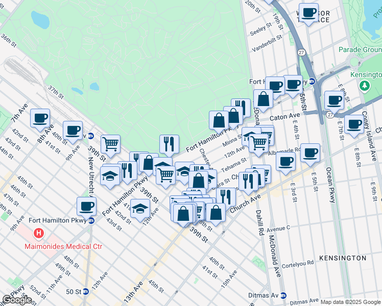 map of restaurants, bars, coffee shops, grocery stores, and more near 3461 Fort Hamilton Pkwy in Brooklyn