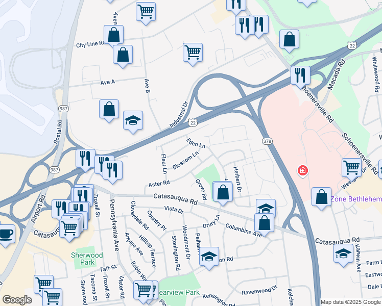 map of restaurants, bars, coffee shops, grocery stores, and more near 2109 Cypress Road in Bethlehem