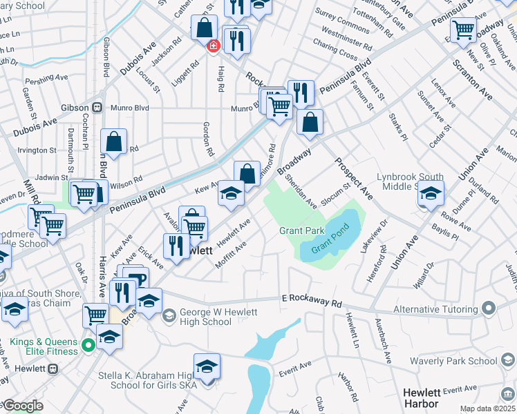 map of restaurants, bars, coffee shops, grocery stores, and more near 1614 Hewlett Avenue in Hewlett