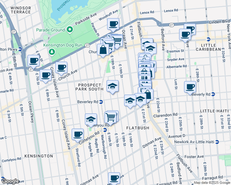 map of restaurants, bars, coffee shops, grocery stores, and more near 240 East 18th Street in Brooklyn