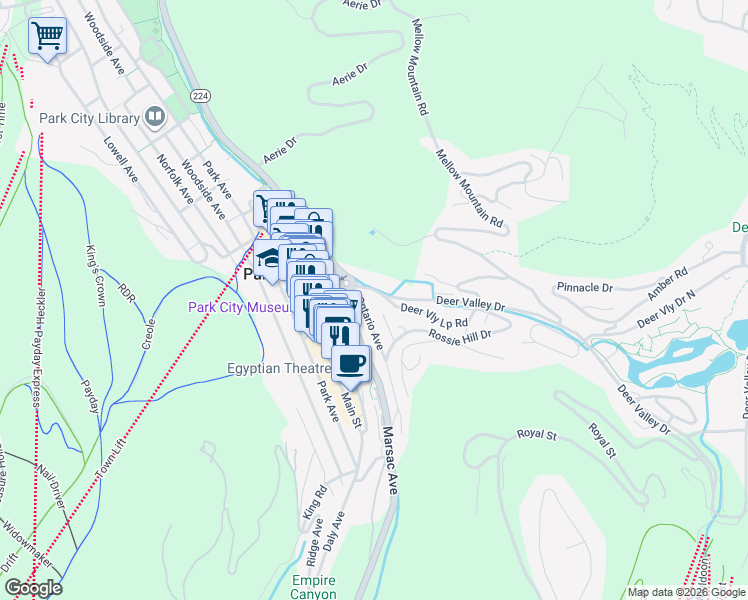 map of restaurants, bars, coffee shops, grocery stores, and more near 300 Deer Valley Drive in Park City