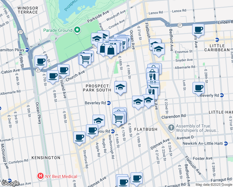 map of restaurants, bars, coffee shops, grocery stores, and more near 222 East 17th Street in Brooklyn