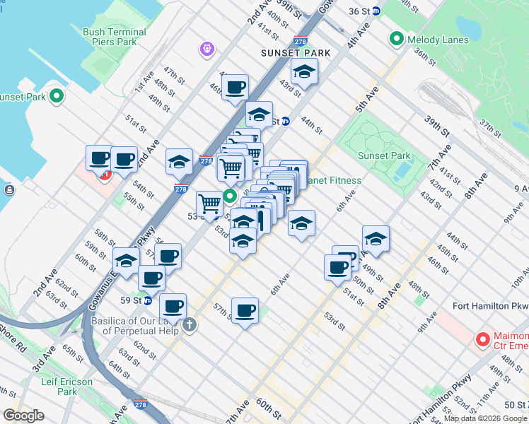map of restaurants, bars, coffee shops, grocery stores, and more near 470 50th Street in Brooklyn