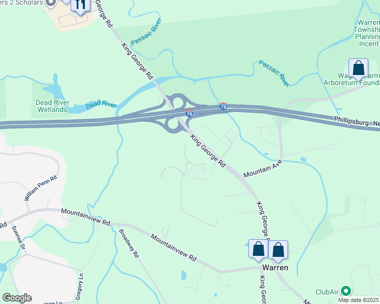 map of restaurants, bars, coffee shops, grocery stores, and more near 283 King George Road in Warren