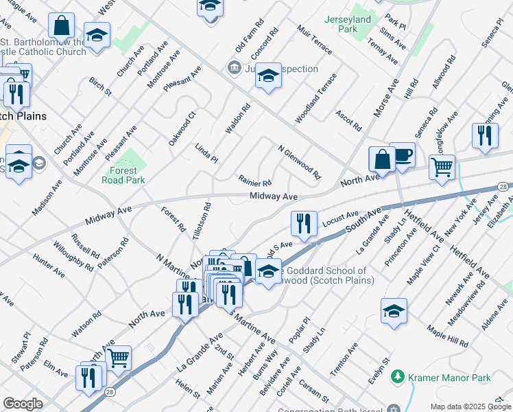 map of restaurants, bars, coffee shops, grocery stores, and more near 12 Ridge Way in Fanwood