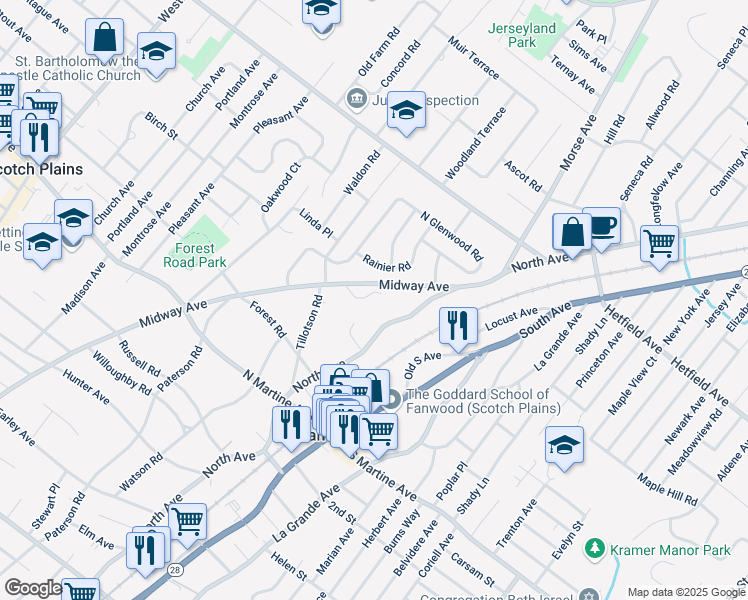 map of restaurants, bars, coffee shops, grocery stores, and more near 12 Ridge Way in Fanwood