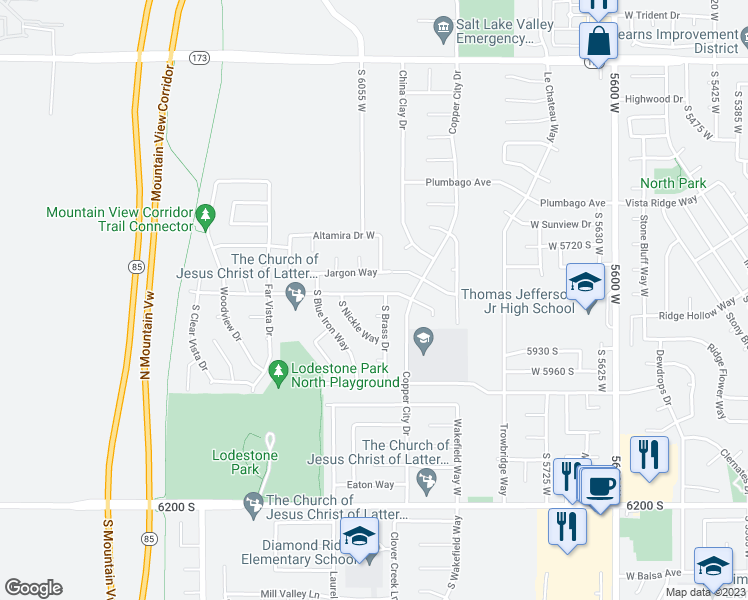 map of restaurants, bars, coffee shops, grocery stores, and more near 6031 Borax Avenue in Kearns