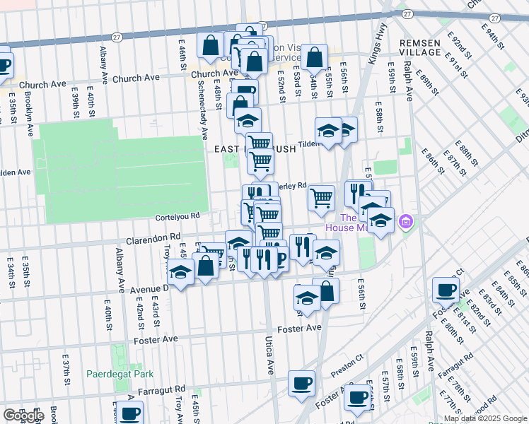 map of restaurants, bars, coffee shops, grocery stores, and more near 652 East 51st Street in Brooklyn