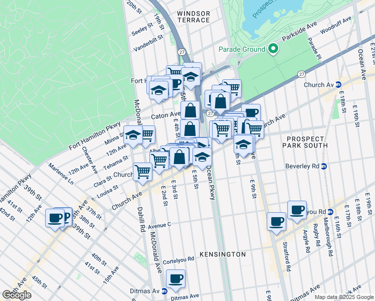 map of restaurants, bars, coffee shops, grocery stores, and more near 414 Albemarle Road in Brooklyn