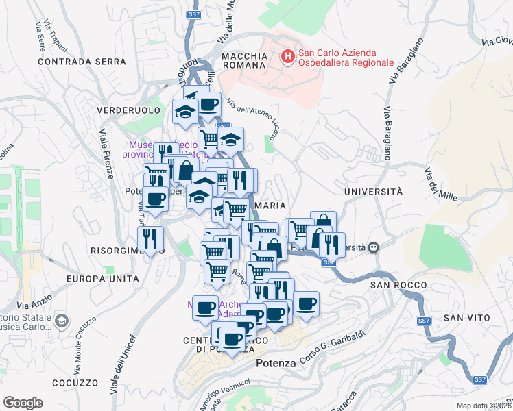 map of restaurants, bars, coffee shops, grocery stores, and more near 2 Via Ettore Ciccotti in Potenza
