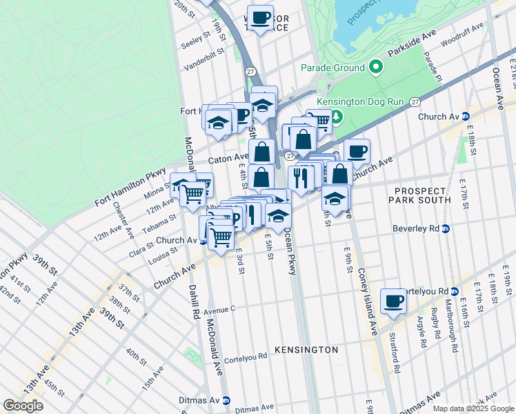 map of restaurants, bars, coffee shops, grocery stores, and more near 414 Albemarle Road in Brooklyn