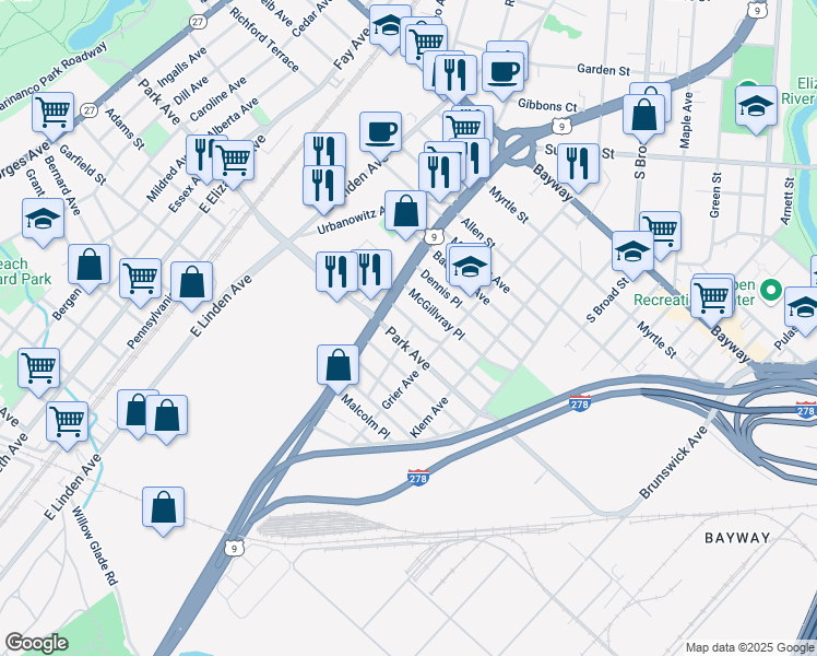 map of restaurants, bars, coffee shops, grocery stores, and more near 2000 East Edgar Road in Linden