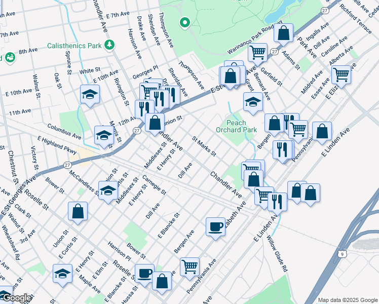 map of restaurants, bars, coffee shops, grocery stores, and more near 714 Chandler Avenue in Linden