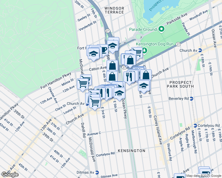 map of restaurants, bars, coffee shops, grocery stores, and more near 514 Albemarle Road in Brooklyn