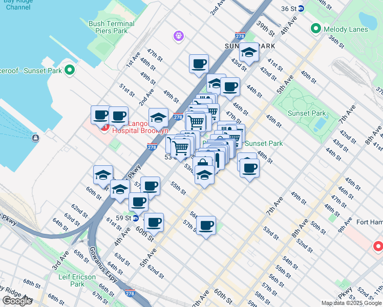 map of restaurants, bars, coffee shops, grocery stores, and more near 414 51st Street in Brooklyn