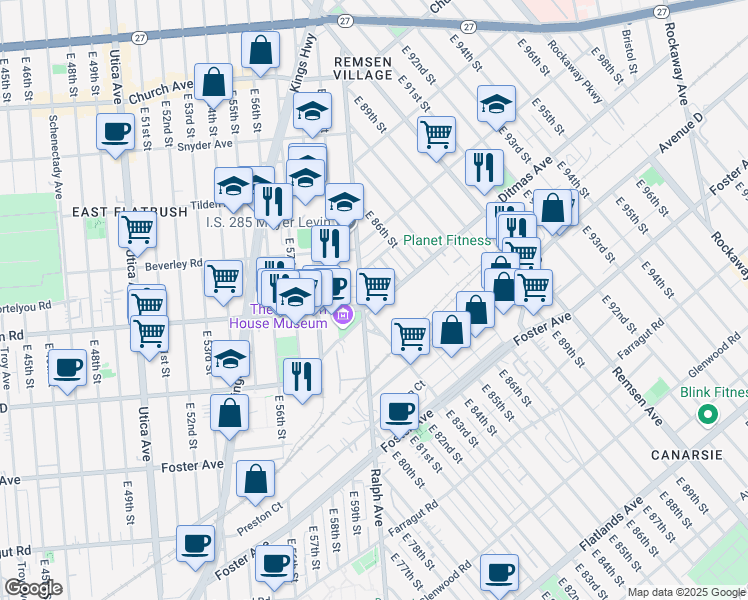 map of restaurants, bars, coffee shops, grocery stores, and more near 1255 Ralph Avenue in Brooklyn