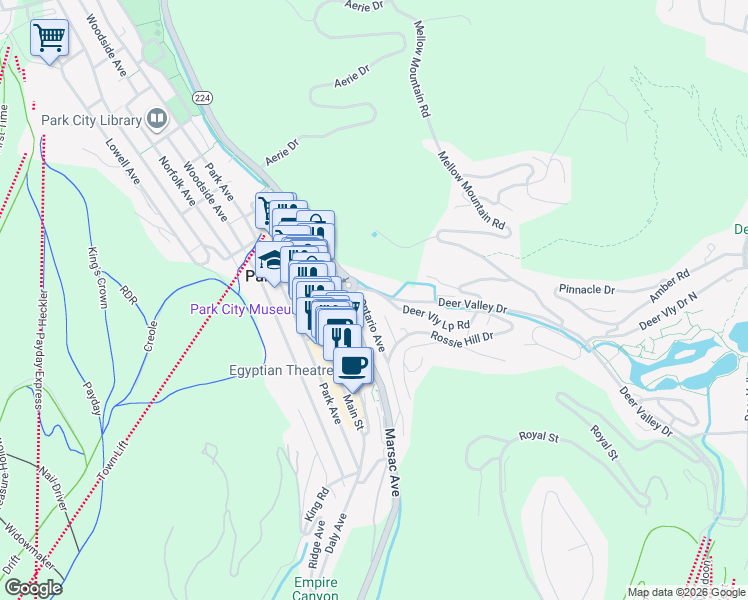 map of restaurants, bars, coffee shops, grocery stores, and more near 300 Deer Valley Drive in Park City