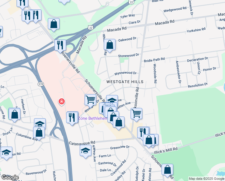 map of restaurants, bars, coffee shops, grocery stores, and more near 1438 Westgate Drive in Bethlehem