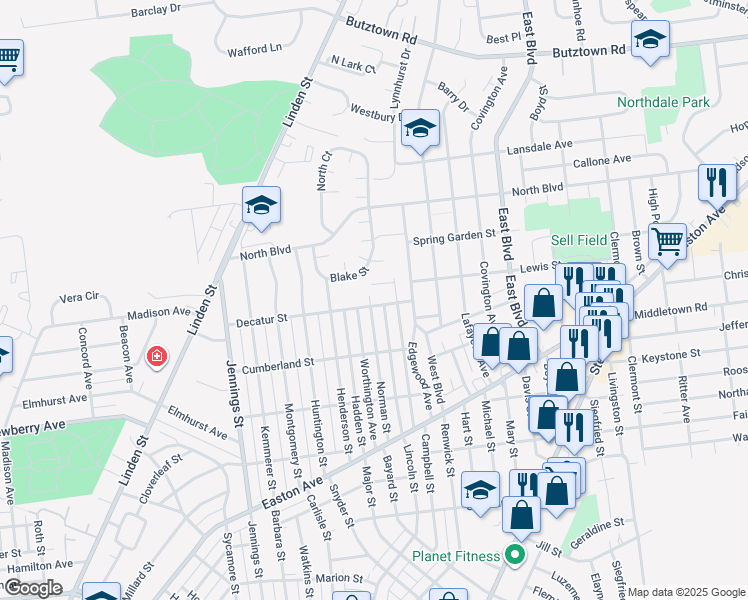 map of restaurants, bars, coffee shops, grocery stores, and more near 1051 Decatur Street in Bethlehem