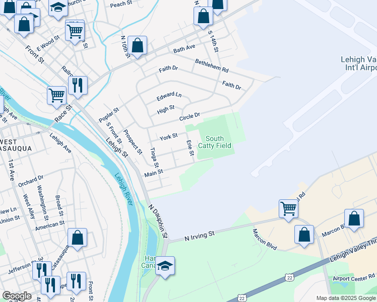 map of restaurants, bars, coffee shops, grocery stores, and more near 271 Pennsylvania Avenue in Catasauqua