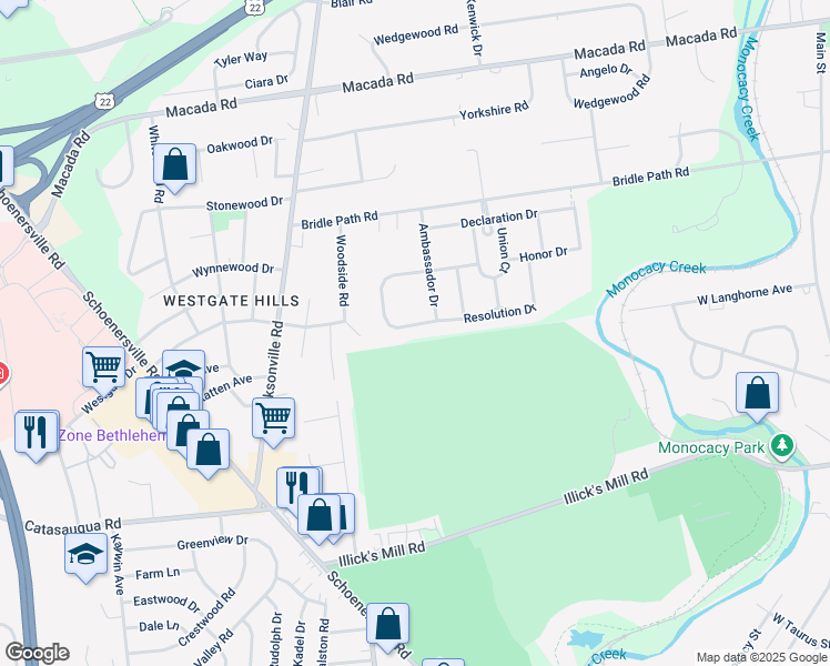 map of restaurants, bars, coffee shops, grocery stores, and more near 1047 Resolution Drive in Bethlehem