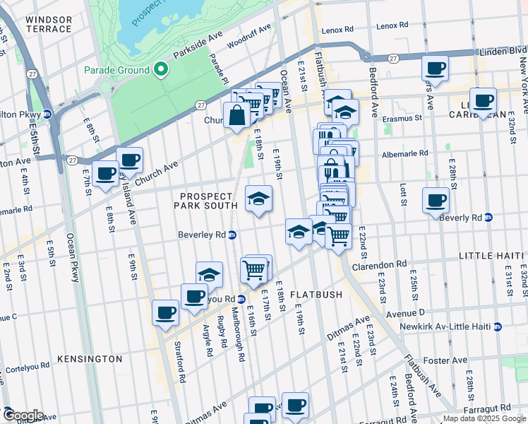 map of restaurants, bars, coffee shops, grocery stores, and more near 240 East 18th Street in Brooklyn