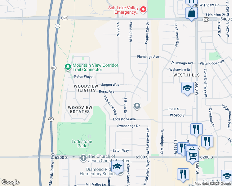map of restaurants, bars, coffee shops, grocery stores, and more near 6065 Borax Avenue in Salt Lake City